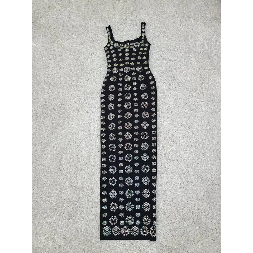 Black rhinestone elegant slim bandage evening dress featuring a black sleeveless maxi with silver floral embroidery