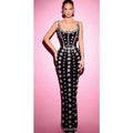 Black rhinestone elegant slim bandage evening dress with sparkling silver floral embellishments and delicate spaghetti straps