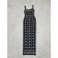 Black rhinestone elegant slim sleeveless bandage evening dress with fitted silhouette and white floral embroidery