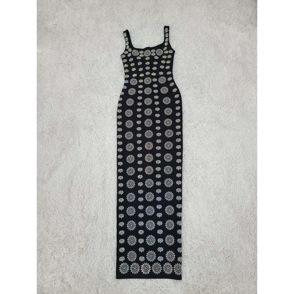 Black rhinestone elegant slim sleeveless bandage evening dress with fitted silhouette and white floral embroidery