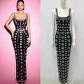 Black rhinestone elegant slim bandage evening dress featuring silver floral embroidery and a fitted sleeveless silhouette