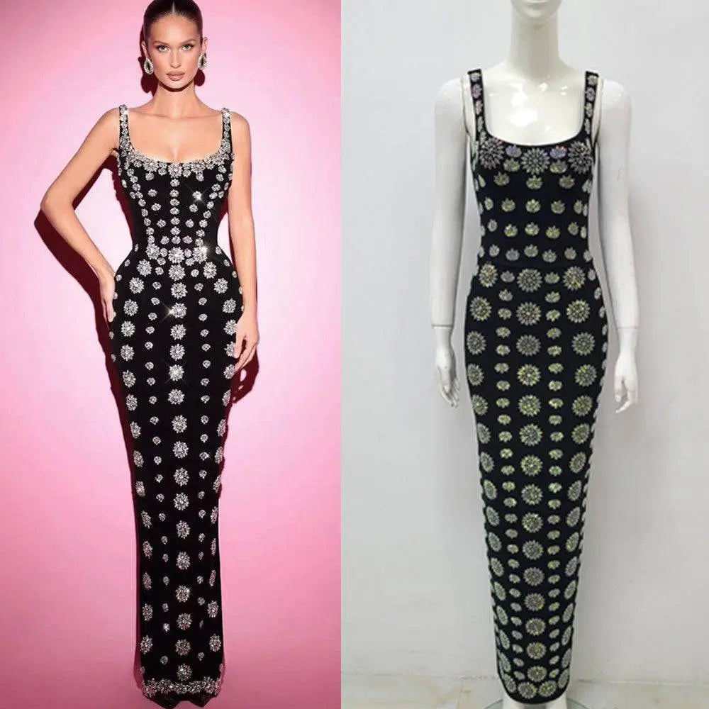 Black rhinestone elegant slim bandage evening dress featuring silver floral embroidery and a fitted sleeveless silhouette
