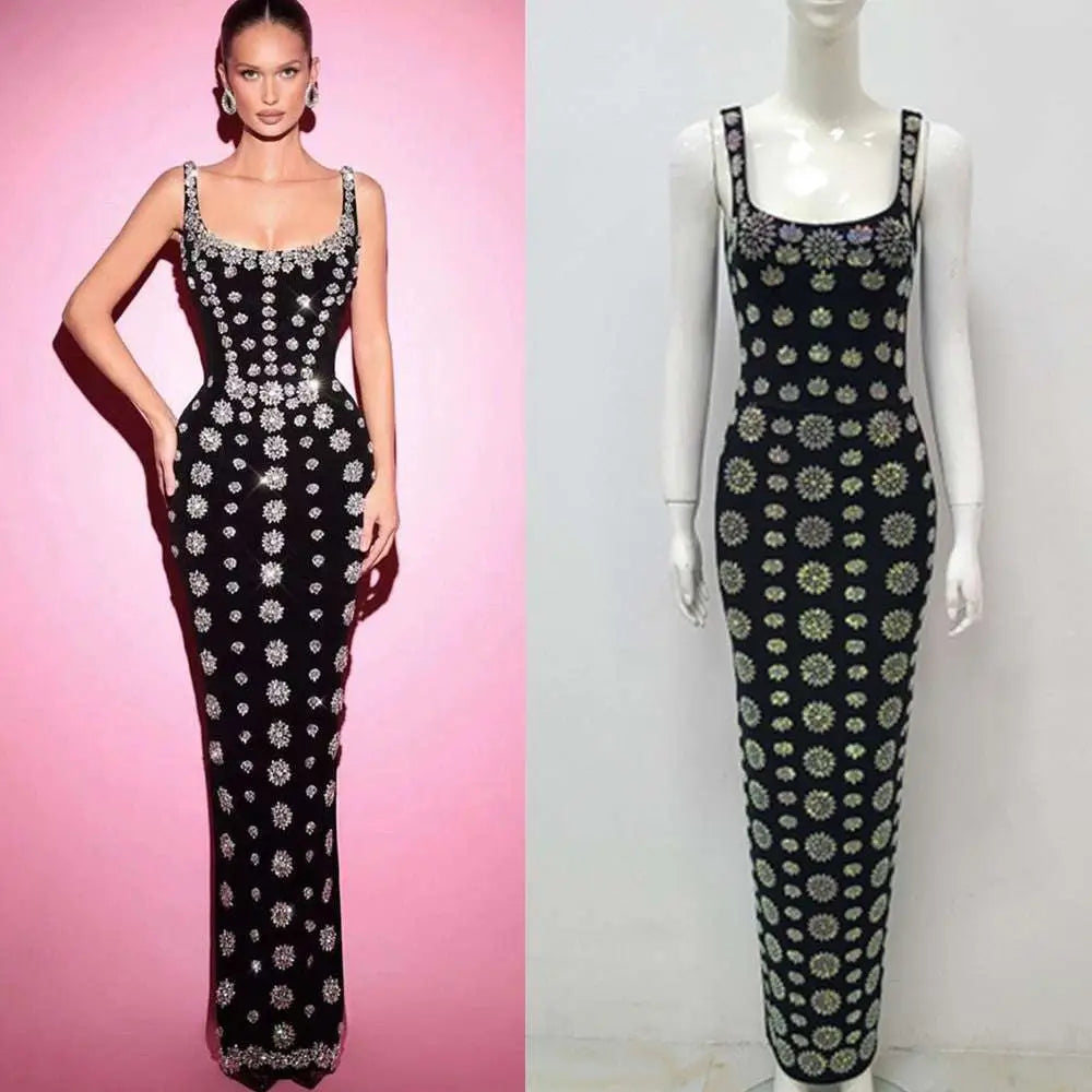 Black rhinestone elegant slim bandage evening dress featuring black beaded floral design with silver and white embellishments