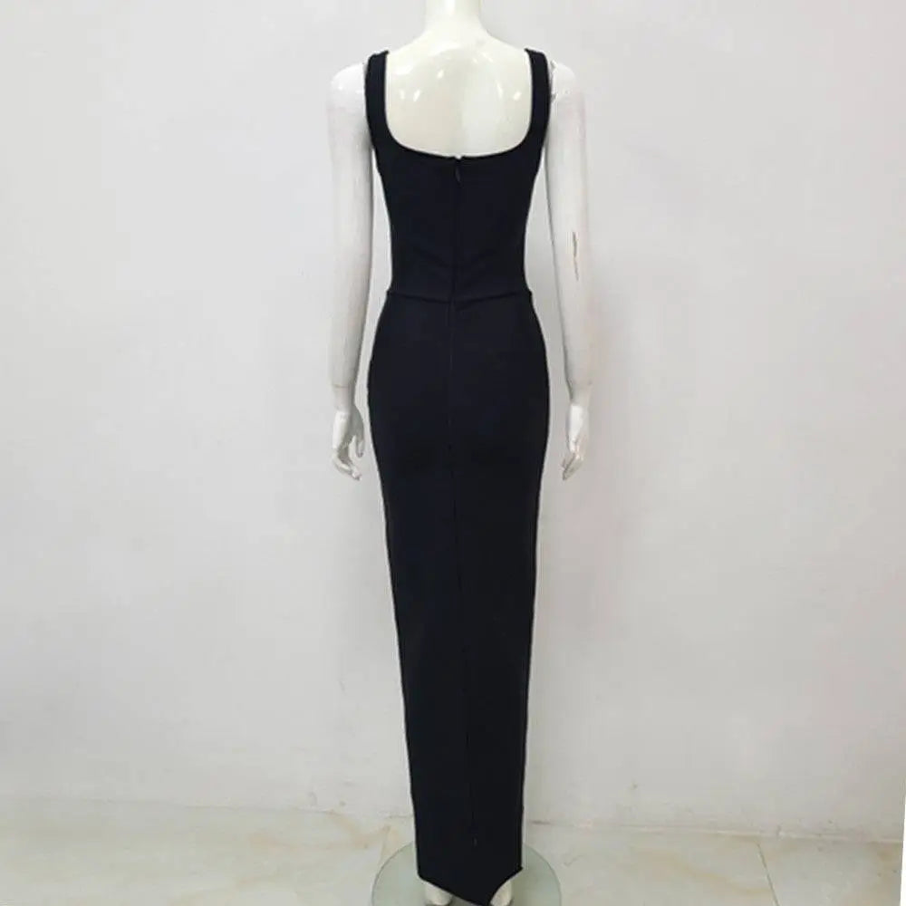 Black rhinestone elegant slim bandage evening dress with a sleeveless fitted design and square neckline