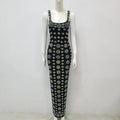 Black rhinestone elegant slim bandage evening dress in black with silver floral embroidery and sleeveless design