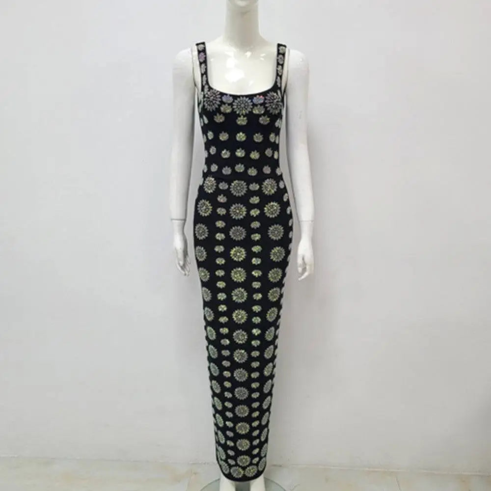 Black rhinestone elegant slim bandage evening dress in black with silver floral embroidery and sleeveless design