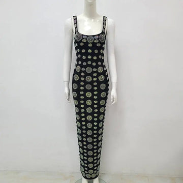 Black rhinestone elegant slim bandage evening dress in black with silver floral embroidery and sleeveless design