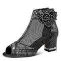 Black rhinestone rose heel sandals mesh block heel with houndstooth pattern and peep-toe ankle bootie design