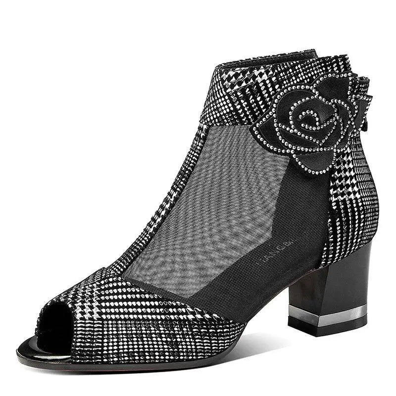 Black rhinestone rose heel sandals mesh block heel with houndstooth pattern and peep-toe ankle bootie design