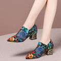 Black rhinestone rose block heel sandals mesh fish mouth heels with embroidered floral patterns and gold-tone honeycomb heel