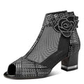 Black rhinestone rose block heel sandals mesh fish mouth heels with peep-toe and decorative rose appliqué