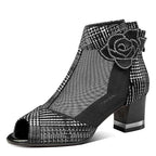 Black rhinestone rose block heel sandals mesh fish mouth heels with peep-toe and decorative rose appliqué
