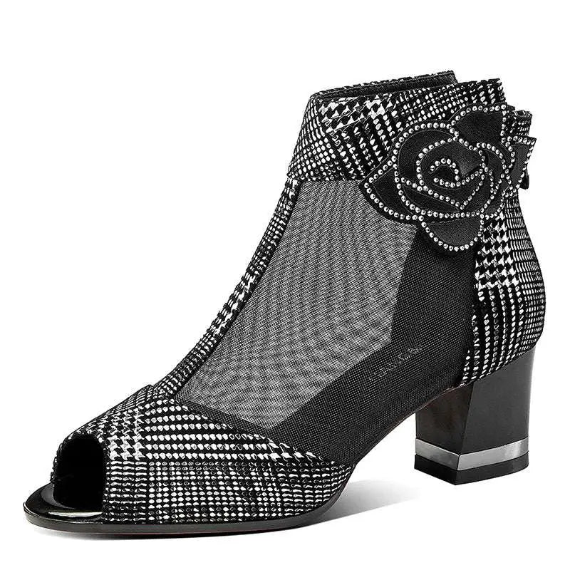Black rhinestone rose block heel sandals mesh fish mouth heels with peep-toe and decorative rose appliqué