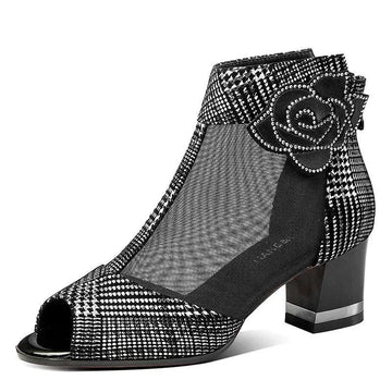Black rhinestone rose block heel sandals mesh fish mouth heels with peep-toe and decorative rose appliqué