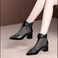 Black leather ankle boots with mesh panel bow detail and block heel inspired by black rhinestone rose heel sandals mesh design