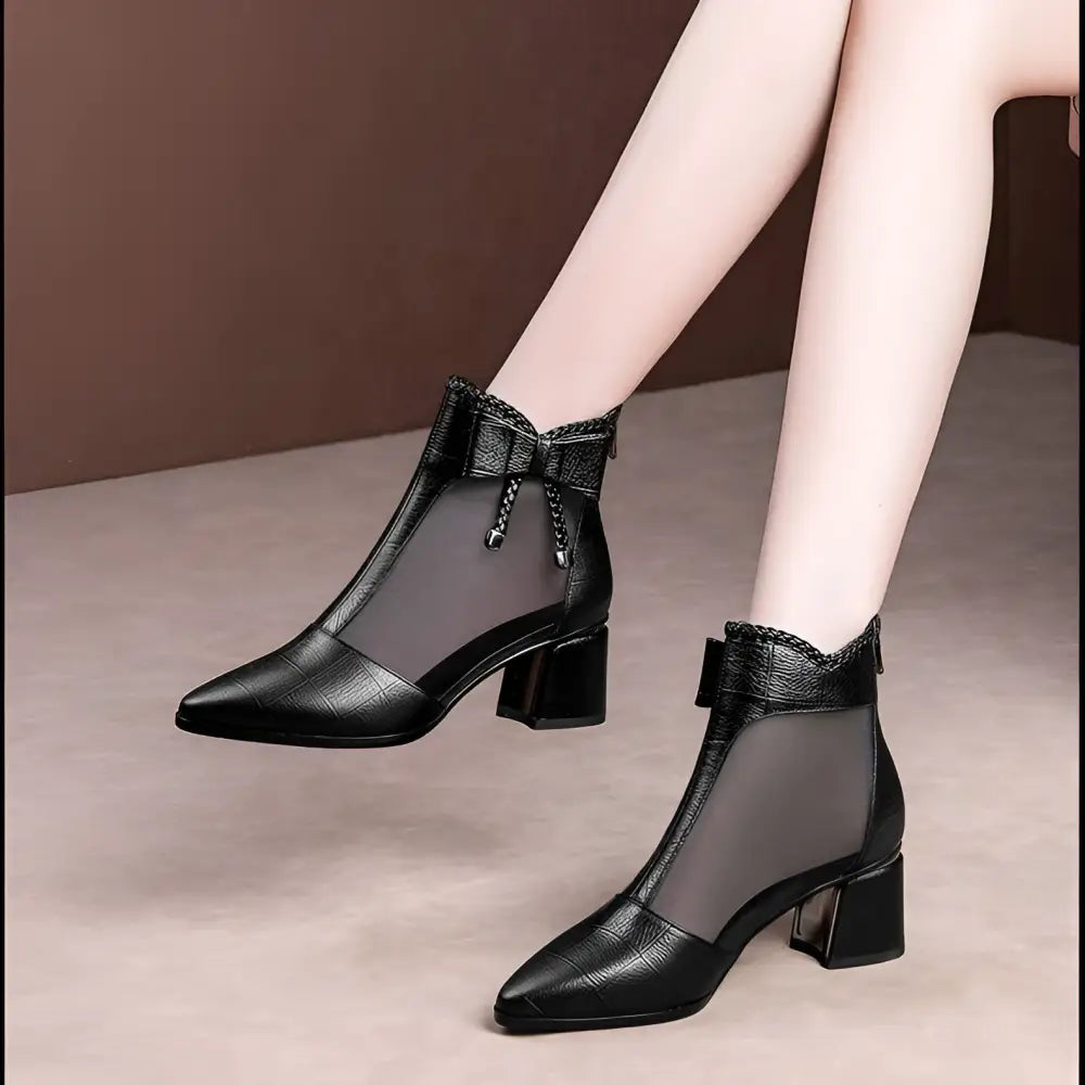 Black leather ankle boots with mesh panel bow detail and block heel inspired by black rhinestone rose heel sandals mesh design