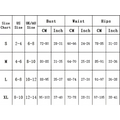 Size chart for black ribbed circular accent bikini fashion swimsuit showing bust waist and hip measurements in cm and inches