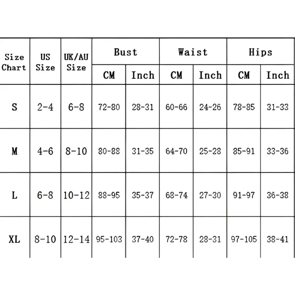 Size chart for black ribbed circular accent bikini fashion swimsuit showing bust waist and hip measurements in cm and inches