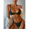 Dark green ribbed bikini set with gold-toned metal accents and circular details on top and hip straps