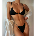 Black ribbed circular accent bikini set with gold-toned metal accents on top center and side tie details
