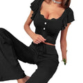 Black ribbed lace ruffle two-piece pajama set with lace ruffle sleeve button-front top and drawstring pants