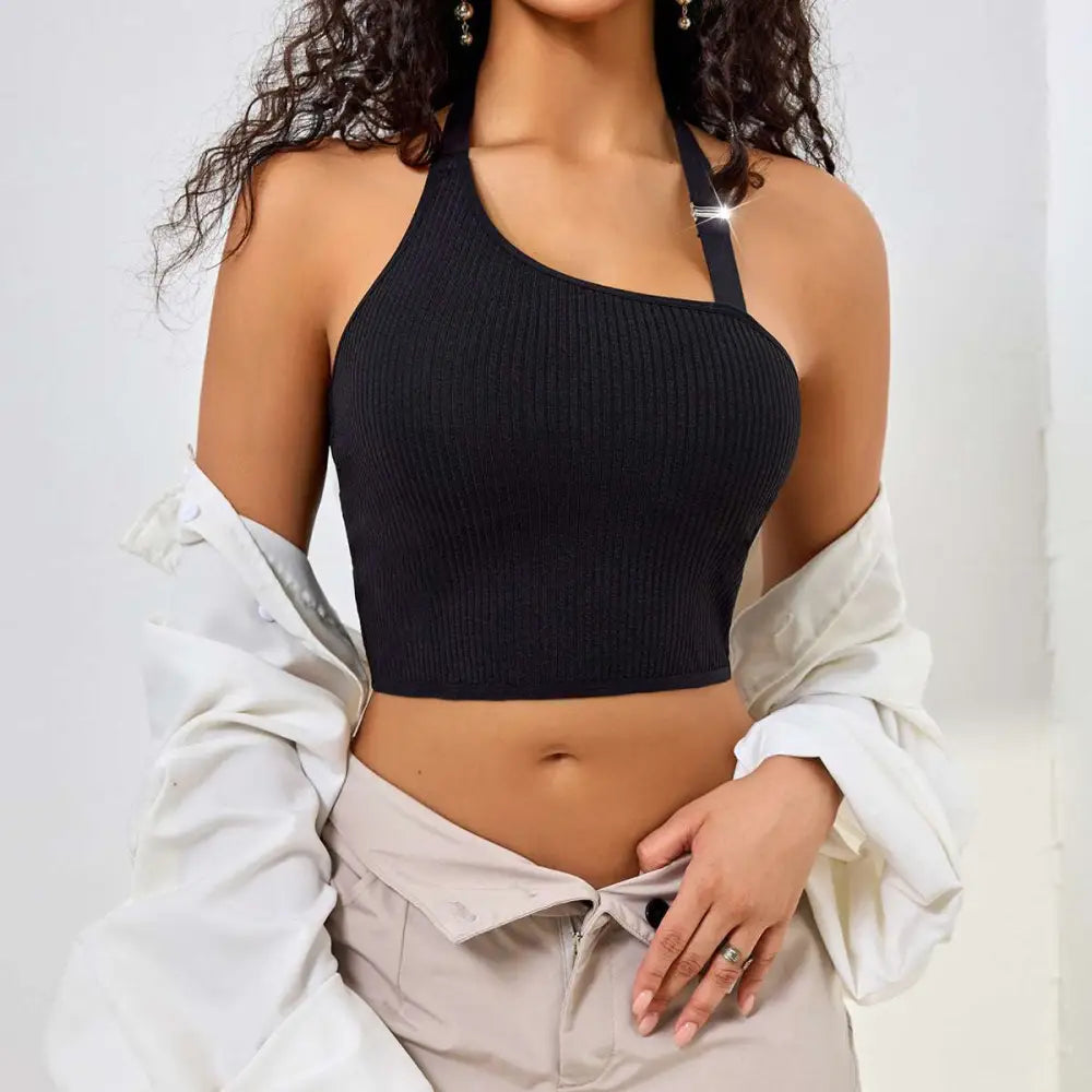 Black ribbed solid color low cut one shoulder vest featuring a ribbed solid black halter shoulder vest design