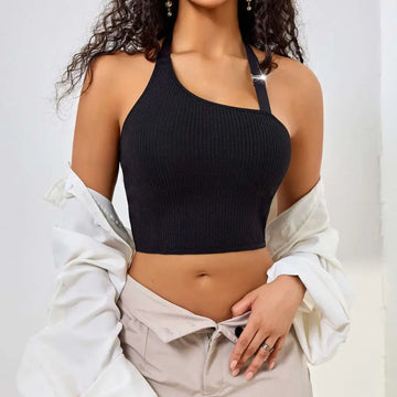 Black ribbed solid color low cut one shoulder vest featuring a ribbed solid black halter shoulder vest design