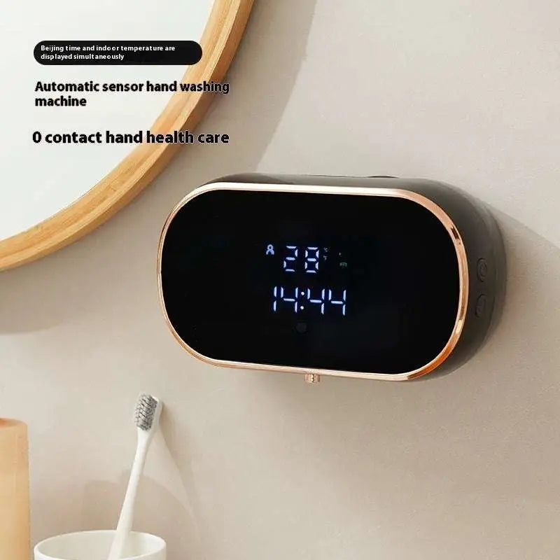 Black rose gold foam soap dispenser with intelligent foam sensor and digital display showing time and temperature