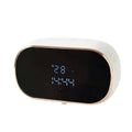 White and rose gold digital alarm clock with blue led display alongside black rose gold automatic intelligent foam soap dispenser