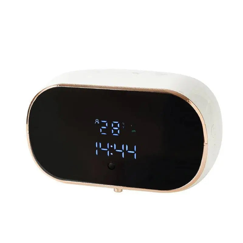 White and rose gold digital alarm clock with blue led display alongside black rose gold automatic intelligent foam soap dispenser