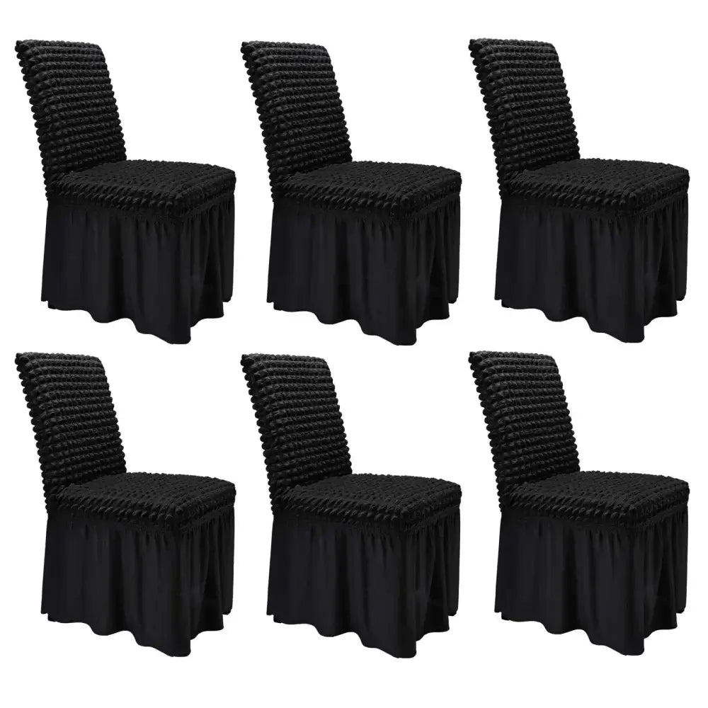 Black ruched dining room chair covers set of 6 with gathered stretch fabric and flowing skirt for dining chairs