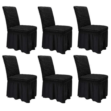 Black ruched dining room chair covers set of 6 with gathered stretch fabric and flowing skirt for dining chairs