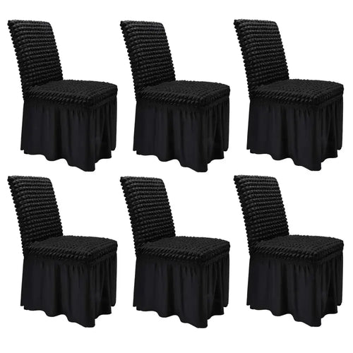 Black ruched dining room chair covers set of 6 with gathered stretch fabric and flowing skirt for dining chairs