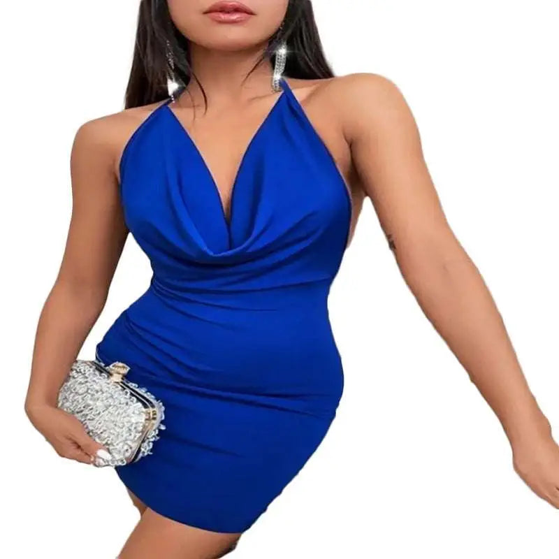 A vibrant royal blue sling backless halter mini dress with a deep v-cut and ruched bodice features temperament sling backless design