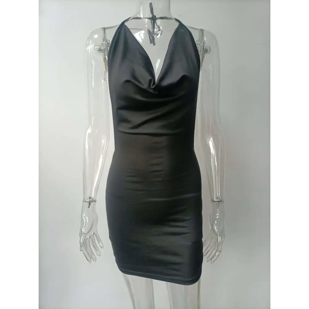 Black ruched sling backless halter mini dress in satin with a cowl neckline for elegant evening wear