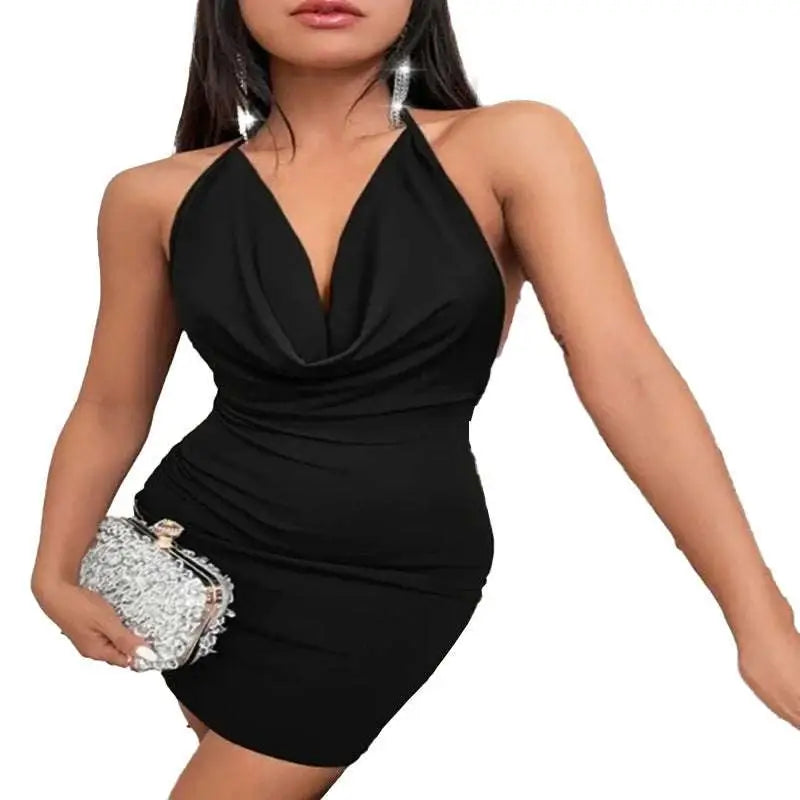 Black ruched sling backless halter mini dress with deep v-cut and temperament sling backless design details