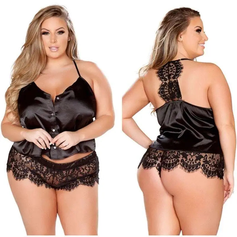 Black satin plus size sexy lingerie set with button-up top and lace trim shorts for elegant nighttime wear