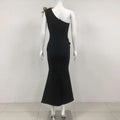 Black satin bandage flower maxi dress with one-shoulder design and gold bow accent at the shoulder