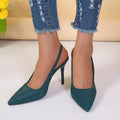 Teal suede high heel sandals with slender black heel styled as black satin high heel sandals closed toe design