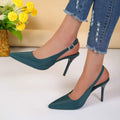 Teal suede high heel sandals with silver buckle and black stiletto heel complement black satin high heel sandals collection