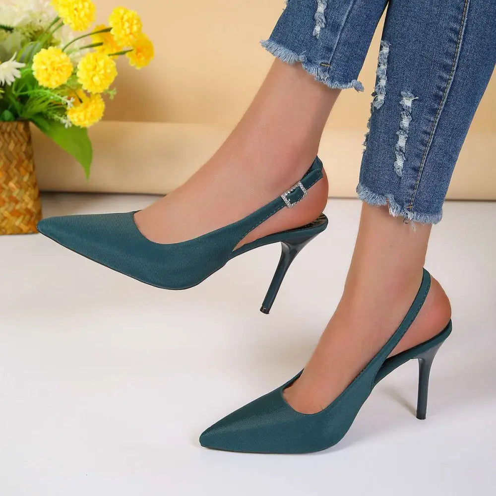 Teal suede high heel sandals with silver buckle and black stiletto heel complement black satin high heel sandals collection