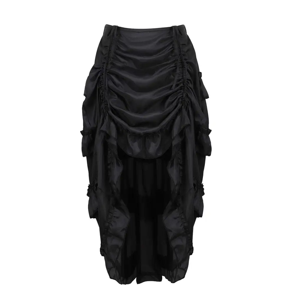 Black satin high waisted court irregular skirt with ruched layered tiers and a skirt character uniform design