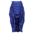 A vibrant royal blue satin wrap court irregular skirt with ruched detailing and gathered side panels for skirt character uniform
