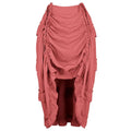 A dusty rose flowing skirt with ruched detailing and asymmetrical draping paired with a black satin high waisted court irregular skirt