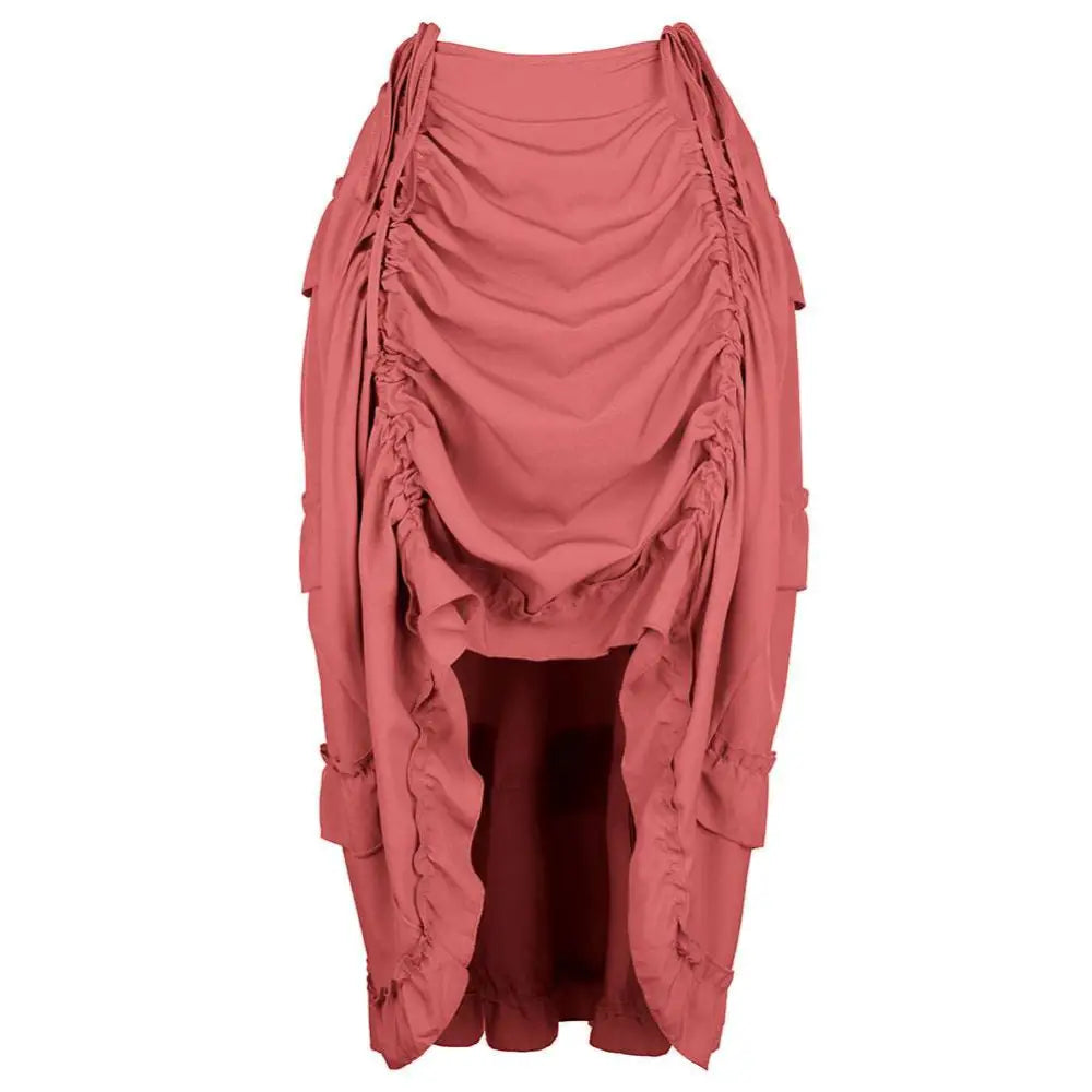 A dusty rose flowing skirt with ruched detailing and asymmetrical draping paired with a black satin high waisted court irregular skirt