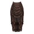 Black satin high waist court irregular skirt with layered brown satin, ruched detailing, and sheer mesh panel hem