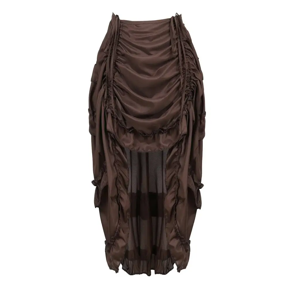 Black satin high waist court irregular skirt with layered brown satin, ruched detailing, and sheer mesh panel hem