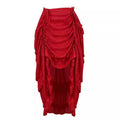 A vibrant red high waisted skirt with flowing satin fabric and dramatic ruched layers for court irregular skirt style