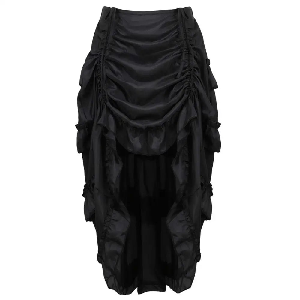 Black satin high waisted court irregular skirt with ruched layered tiers and a skirt character uniform design