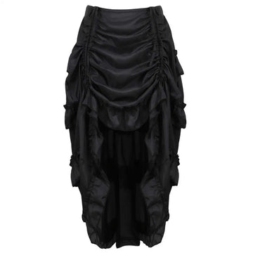 Black satin high waisted court irregular skirt with ruched layered tiers and a skirt character uniform design